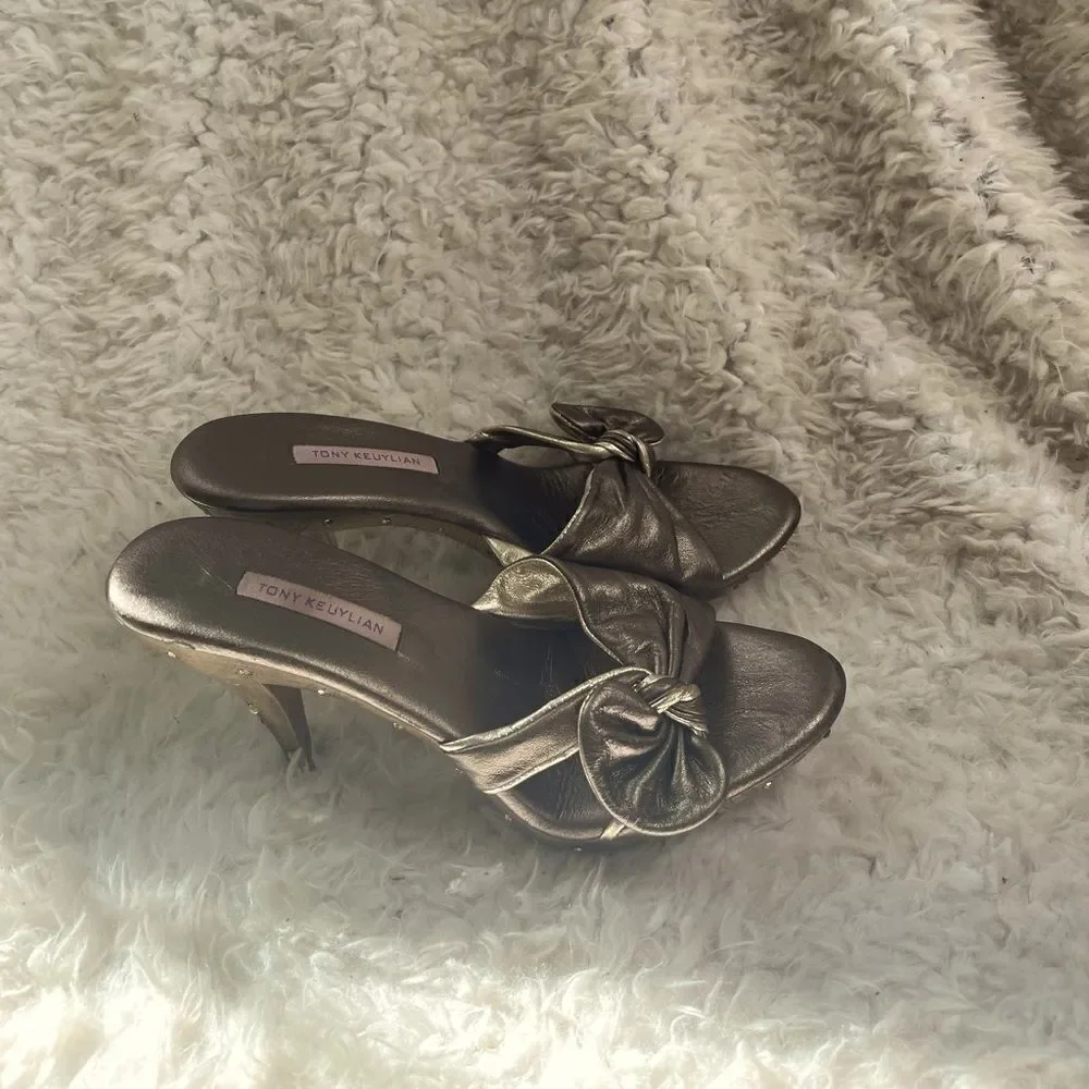 Tony Keuylian leather metallic Bronze and Gold slip on  heels sandals EUR SZ38